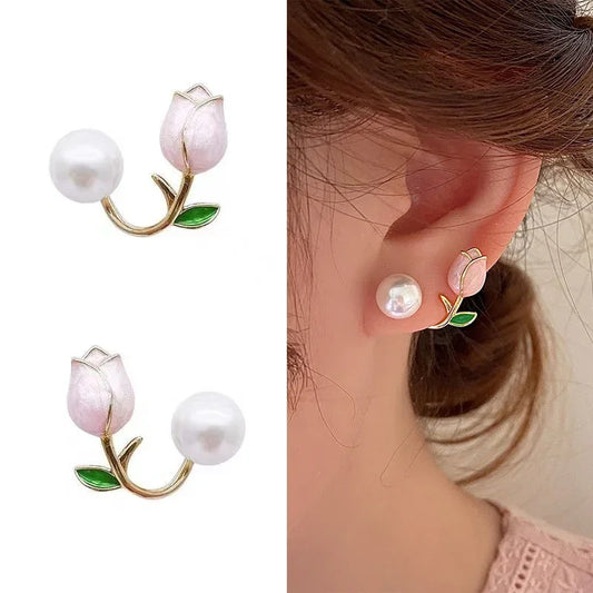 Fresh Rose Stud Earrings with Imitation Pearl